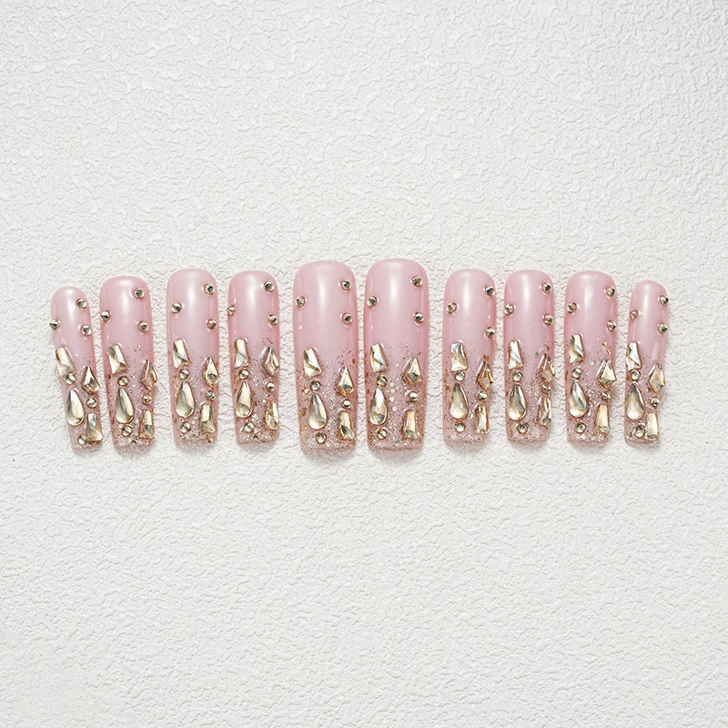 Pink and yellow sparkling diamonds, sparkling and lovely, luxurious, medium to long bucket nail art, wearable nail art press on nails