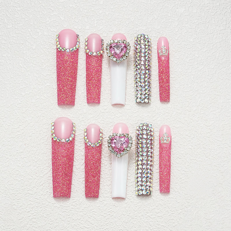 Pink frosted long water pipe, heart-shaped diamond, French sparkling exquisite fashion, Barbie beautiful wearing armor