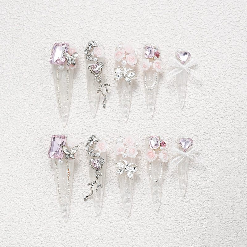 Transparent fairy spirit pure wedding dress square diamond heart shining long pointed nail art wearing armor white pink flower design
