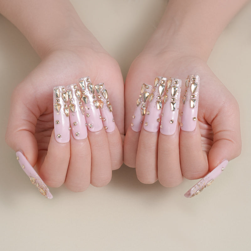 Pink and yellow sparkling diamonds, sparkling and lovely, luxurious, medium to long bucket nail art, wearable nail art press on nails