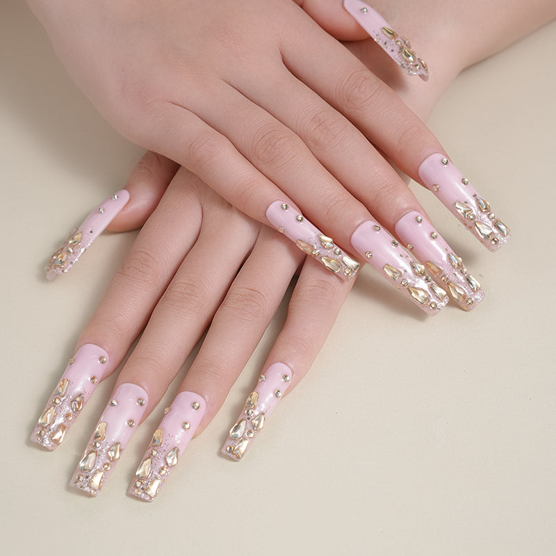 Pink and yellow sparkling diamonds, sparkling and lovely, luxurious, medium to long bucket nail art, wearable nail art press on nails