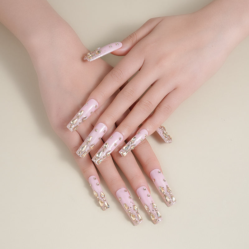 Pink and yellow sparkling diamonds, sparkling and lovely, luxurious, medium to long bucket nail art, wearable nail art press on nails