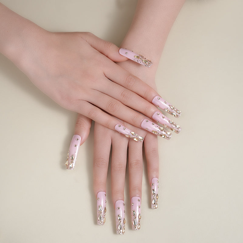 Pink and yellow sparkling diamonds, sparkling and lovely, luxurious, medium to long bucket nail art, wearable nail art press on nails