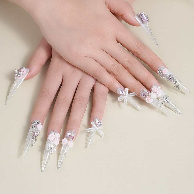 Transparent fairy spirit pure wedding dress square diamond heart shining long pointed nail art wearing armor white pink flower design