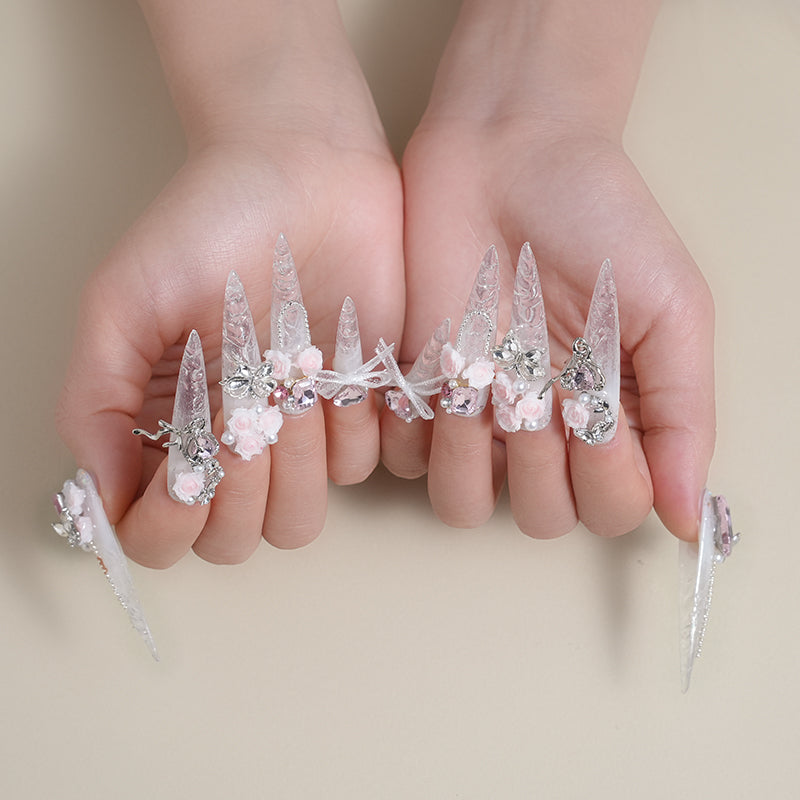 Transparent fairy spirit pure wedding dress square diamond heart shining long pointed nail art wearing armor white pink flower design