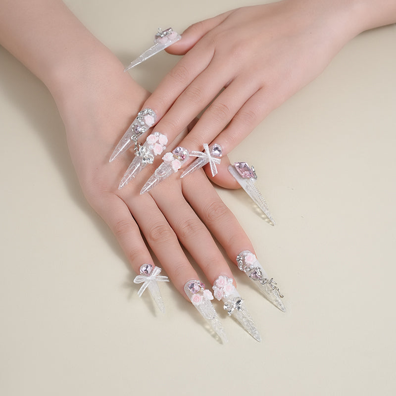 Transparent fairy spirit pure wedding dress square diamond heart shining long pointed nail art wearing armor white pink flower design