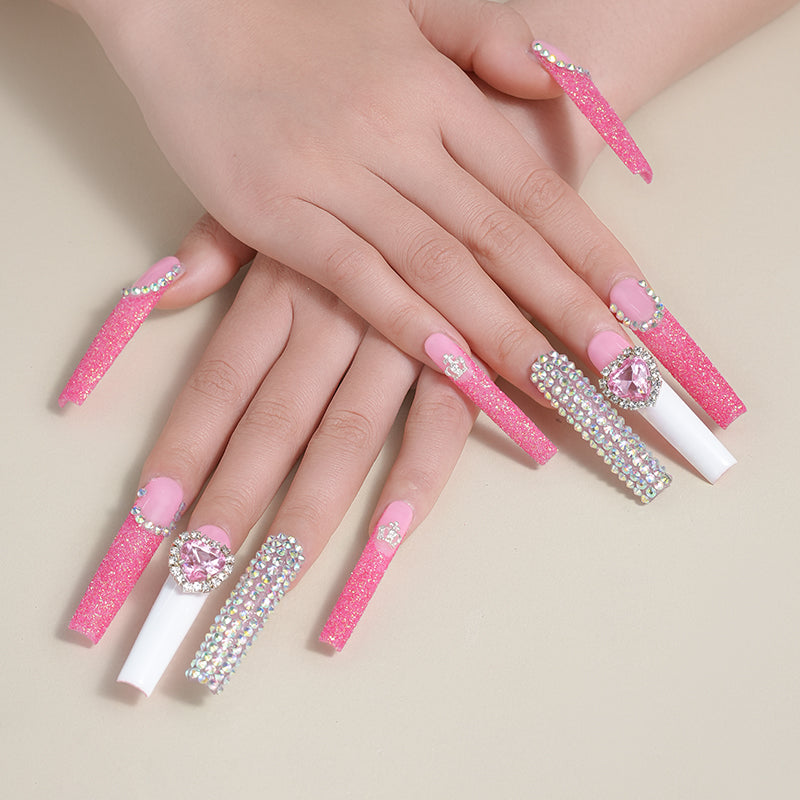 Pink frosted long water pipe, heart-shaped diamond, French sparkling exquisite fashion, Barbie beautiful wearing armor