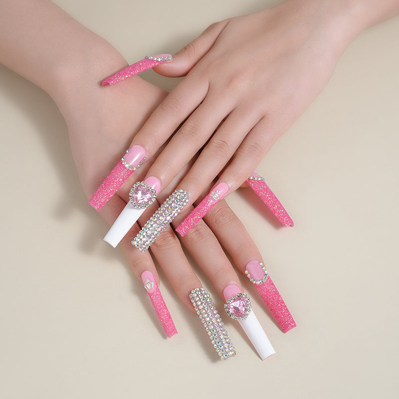 Pink frosted long water pipe, heart-shaped diamond, French sparkling exquisite fashion, Barbie beautiful wearing armor